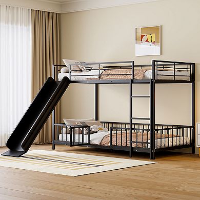 Trikiousd Metal Bunk Bed with Slide, Guardrails and Convertible Loft Design