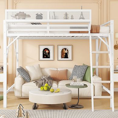 Trikiousd Metal Loft Bed with Ladder and Upper Storage Shelves