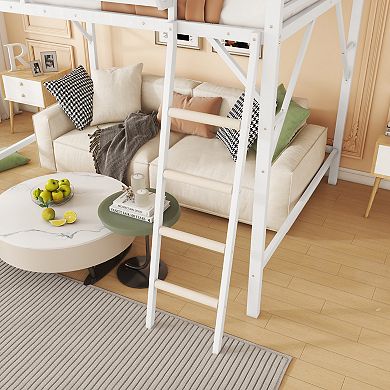 Trikiousd Metal Loft Bed with Ladder and Upper Storage Shelves