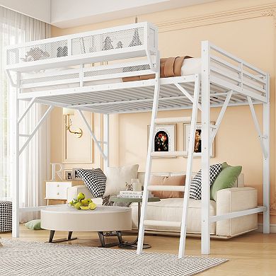 Trikiousd Metal Loft Bed with Ladder and Upper Storage Shelves