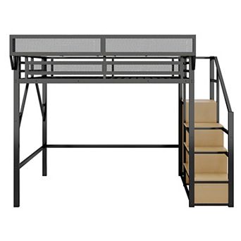Trikiousd Metal Loft Bed with Stairs, Storage Shelves and Wardrobe