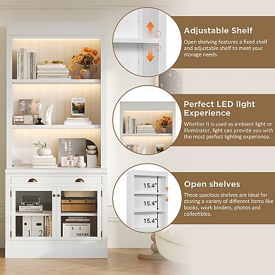 Trikiousd 83.4" Bookcase with LED Lights, Glass Doors and Drawer