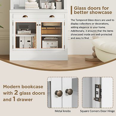 Trikiousd 83.4" Bookcase with LED Lights, Glass Doors and Drawer