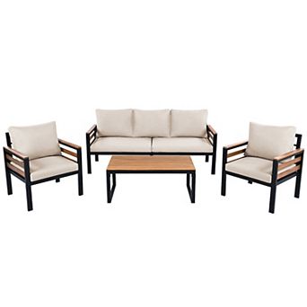 Trikiousd 4 pc Outdoor Sofa Set Patio Conversation Set with Acacia Wood Armrests and Cushions