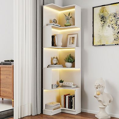 Trikiousd 5-Tier Corner Bookshelf with LED Lights and Baffle Panels