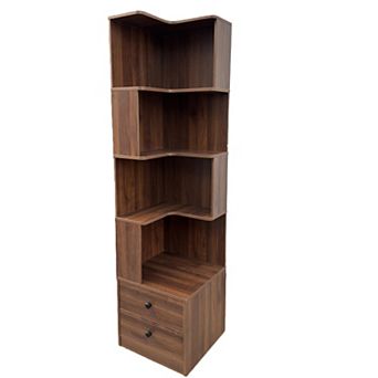 Trikiousd 4 tier Corner Bookshelf with Drawer and LED Lights
