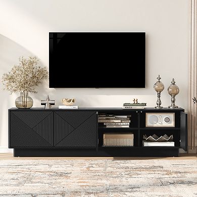 Trikiousd 4-Door Wave Accent Cabinet TV Stand with LED Lights and Adjustable Shelves