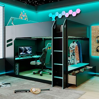 Pnronnc Full Size Wood Frame Loft Bed with Height-adjustable Desk, Drawers, Hanging Rod & RGB Lights
