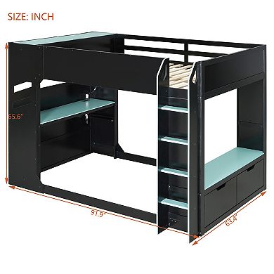Pnronnc Full Size Wood Frame Loft Bed with Height-adjustable Desk, Drawers, Hanging Rod & RGB Lights