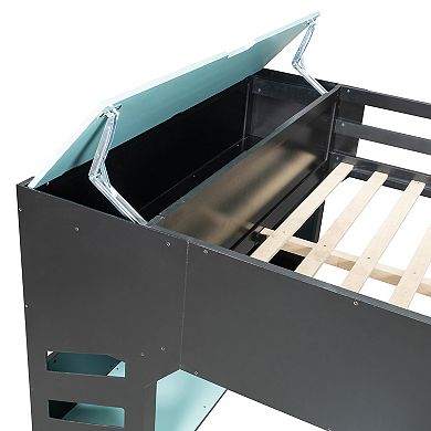 Pnronnc Full Size Wood Frame Loft Bed with Height-adjustable Desk, Drawers, Hanging Rod & RGB Lights
