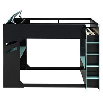 Pnronnc Full Size Wood Frame Loft Bed with Height-adjustable Desk, Drawers, Hanging Rod & RGB Lights