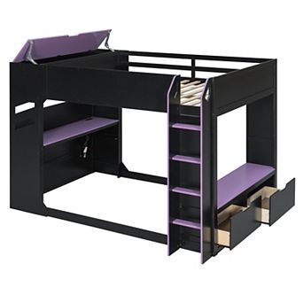 Pnronnc Full Size Wood Frame Loft Bed with Height-adjustable Desk, Drawers, Hanging Rod & RGB Lights