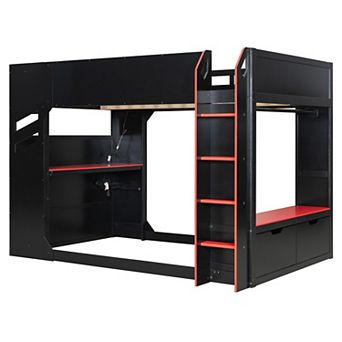Pnronnc Full Size Wood Frame Loft Bed with Height-adjustable Desk, Drawers, Hanging Rod & RGB Lights