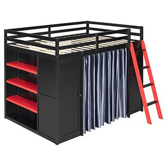 Pnronnc Wood Gaming Bed Loft Frame Full Bed with Wardrobe, Blackout Curtains, Shelves, RGB Lights
