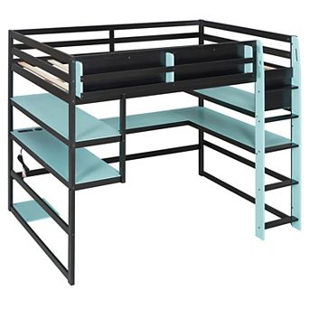 Pnronnc Wood Gaming Loft Bed with Desk, Multi-storage Shelves, Side Storage Rack and RGB Light