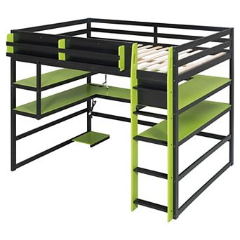 Pnronnc Wood Gaming Loft Bed with Desk, Multi-storage Shelves, Side Storage Rack and RGB Light