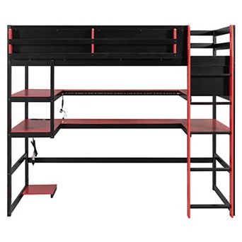 Pnronnc Wood Gaming Loft Bed with Desk, Multi-storage Shelves, Side Storage Rack and RGB Light
