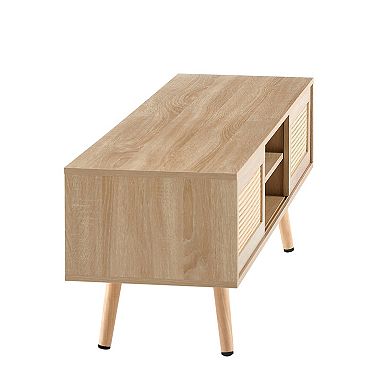 Trikiousd 55.1" Rattan TV Stand with Sliding Doors and Adjustable Shelf