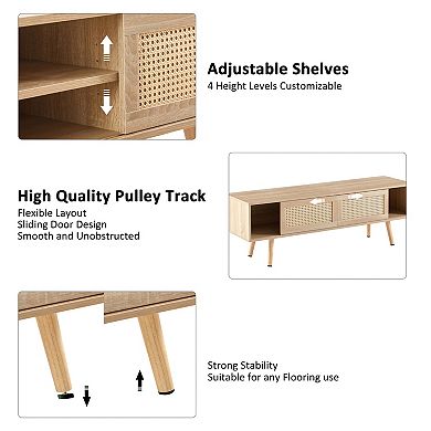 Trikiousd 55.1" Rattan TV Stand with Sliding Doors and Adjustable Shelf
