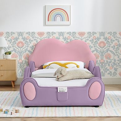 Pnronnc Cloud Shape Kids Bed PU Leather Toddler Bed Twin Size Platform Bed with Safety Guardrails