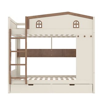 Pnronnc Wood Bunk Beds with House Design Guardrail, Bookcase, Hooks and Drawers or Trundle