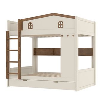 Pnronnc Wood Bunk Beds with House Design Guardrail, Bookcase, Hooks and Drawers or Trundle