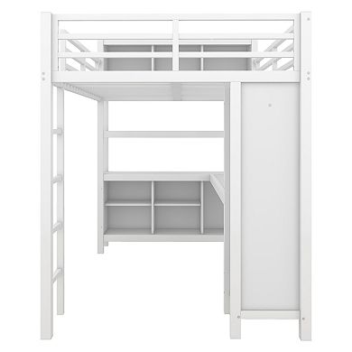 Pnronnc Metal Loft Frame Platform Bed with Wardrobe, L-shaped Desk, Storage Cubes, Shelves for Kids