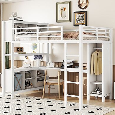 Pnronnc Metal Loft Frame Platform Bed with Wardrobe, L-shaped Desk, Storage Cubes, Shelves for Kids