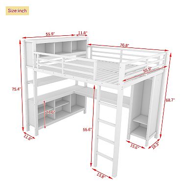 Pnronnc Metal Loft Frame Platform Bed with Wardrobe, L-shaped Desk, Storage Cubes, Shelves for Kids