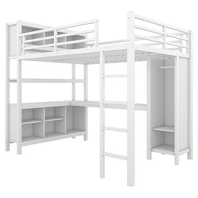 Pnronnc Metal Loft Frame Platform Bed with Wardrobe, L-shaped Desk, Storage Cubes, Shelves for Kids