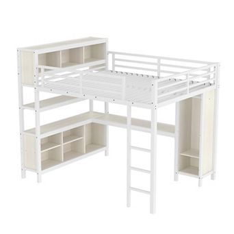 Pnronnc Metal Loft Frame Platform Bed with Wardrobe, L-shaped Desk, Storage Cubes, Shelves for Kids