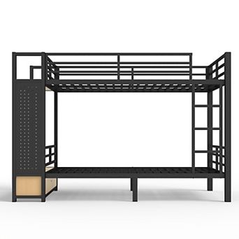 Pnronnc Metal Frame Bunk Bed with Pegboard, 2 Drawers and Storage Shelves