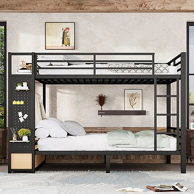 Pnronnc Metal Frame Bunk Bed with Pegboard, 2 Drawers and Storage Shelves