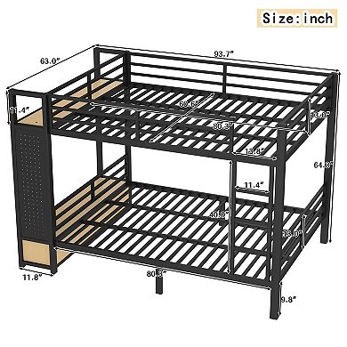 Pnronnc Metal Frame Bunk Bed with Pegboard, 2 Drawers and Storage Shelves