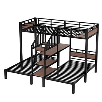 Pnronnc Metal Loft Bed with 2 Platform Bed, Heavy Duty Bunk Bed Triple Bunk Bed with Storage Stairs