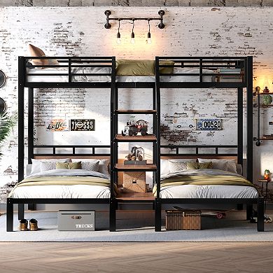 Pnronnc Metal Loft Bed with 2 Platform Bed, Heavy Duty Bunk Bed Triple Bunk Bed with Storage Stairs