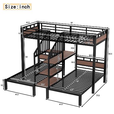 Pnronnc Metal Loft Bed with 2 Platform Bed, Heavy Duty Bunk Bed Triple Bunk Bed with Storage Stairs