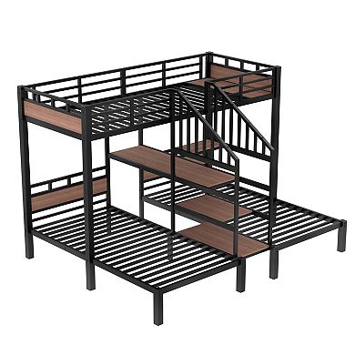 Pnronnc Metal Loft Bed with 2 Platform Bed, Heavy Duty Bunk Bed Triple Bunk Bed with Storage Stairs
