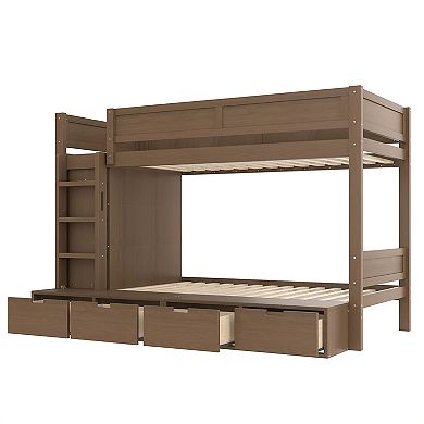Pnronnc Space-saving Bunk Bed Wood Twin over Twin Storage Bunk Bed with Drawers, Wardrobe, Guardrail