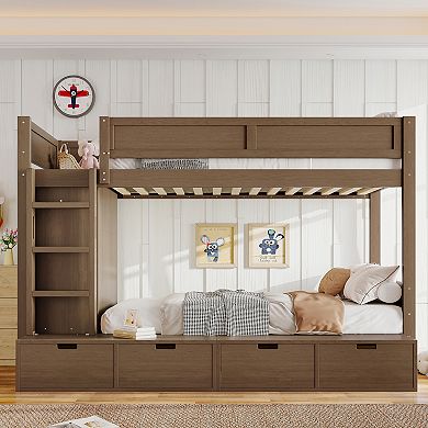 Pnronnc Space-saving Bunk Bed Wood Twin over Twin Storage Bunk Bed with Drawers, Wardrobe, Guardrail