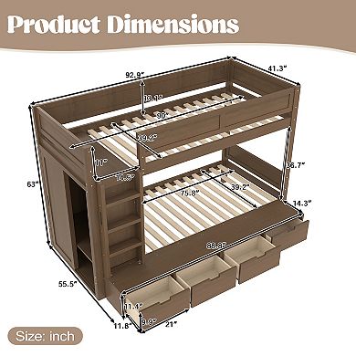 Pnronnc Space-saving Bunk Bed Wood Twin over Twin Storage Bunk Bed with Drawers, Wardrobe, Guardrail