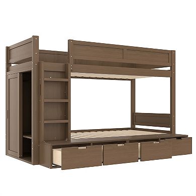 Pnronnc Space-saving Bunk Bed Wood Twin over Twin Storage Bunk Bed with Drawers, Wardrobe, Guardrail