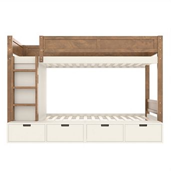 Pnronnc Space-saving Bunk Bed Wood Twin over Twin Storage Bunk Bed with Drawers, Wardrobe, Guardrail