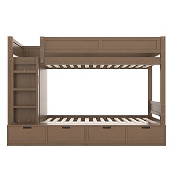Pnronnc Space-saving Bunk Bed Wood Twin over Twin Storage Bunk Bed with Drawers, Wardrobe, Guardrail