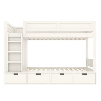 Pnronnc Space-saving Bunk Bed Wood Twin over Twin Storage Bunk Bed with Drawers, Wardrobe, Guardrail