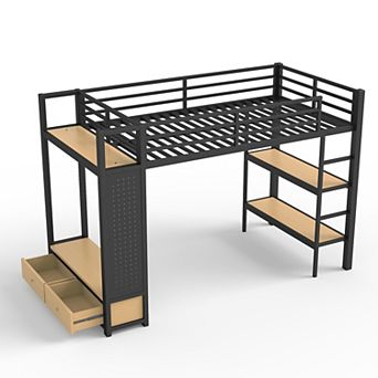 Pnronnc Metal Loft Bed Frame with Wardrobe, Storage Shelves, Pegboard