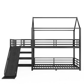 Pnronnc Metal Frame House Bed Fairytale Bunk Bed with Storage Stairs, Slide and Safety Rails