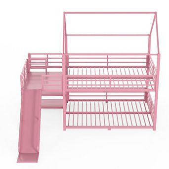 Pnronnc Metal Frame House Bed Fairytale Bunk Bed with Storage Stairs, Slide and Safety Rails