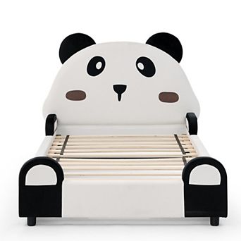 Pnronnc Panda-Shaped Toddler Bed Frame Velvet Fabric Platform Bed Twin Size Kids Bed for Children