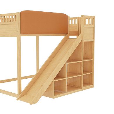Pnronnc All-in-one Storage Loft Bed with Upholstered Headboard, Bookcase, Ladder and Slide